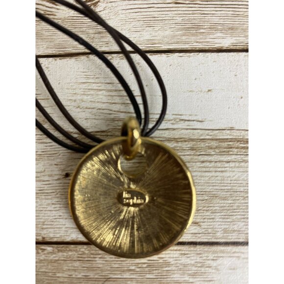 Lia Sophia Gold Tone Backed Shell Pendant Necklace on Adjustable 16” Black Cord - Picture 2 of 7